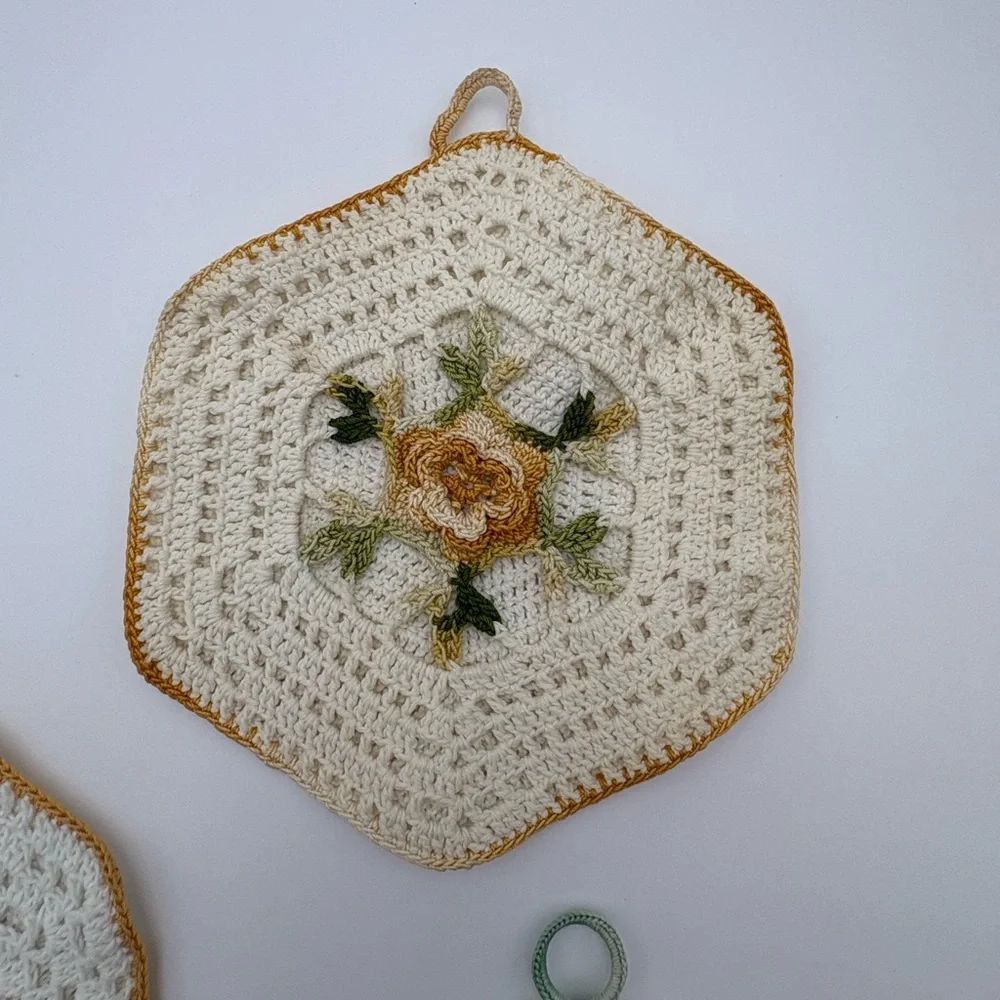 Theee Vintage Handmade Crochet Floral Pot Holders